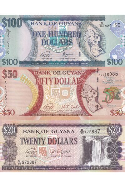 Guyana 20 - 50 - 100 Dolar Yabancı Kağıt Para Seti 3'Lü Çil ( UNC ) Koleksiyon Para